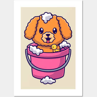 Cute Poodle Dog Bathing In Bucket With Bubble Cartoon Posters and Art